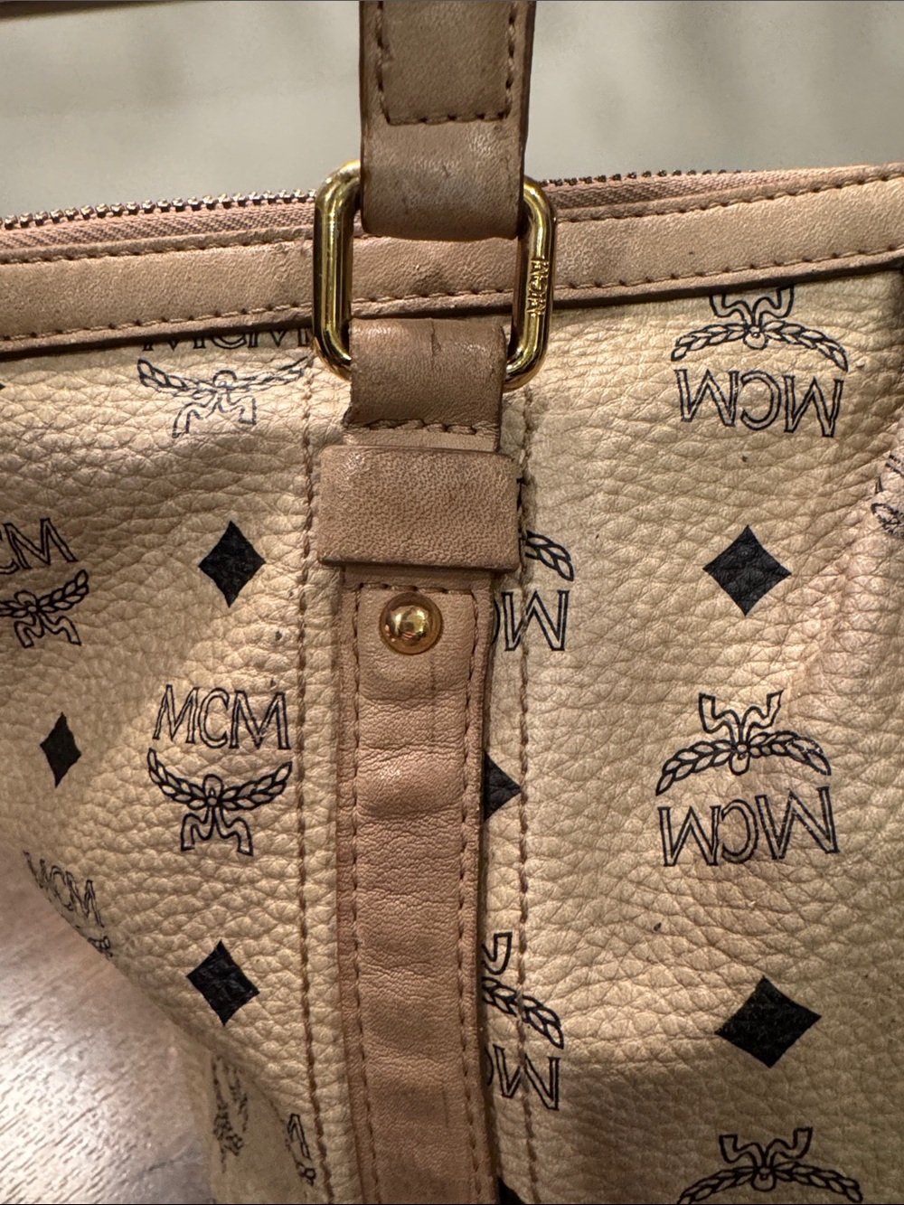 MCM Visetos Beige Monogram Shoulder Bag with Gold Hardware - Picture 6 of 14